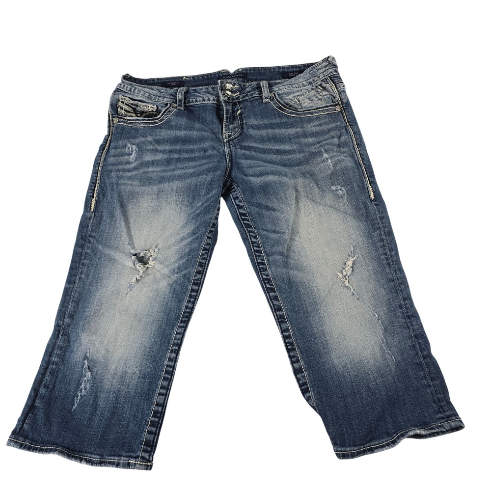 Vigoss Dublin Capri‎ Jeans Womens 13/14 Medium Wash Distressed Embellished Blue
